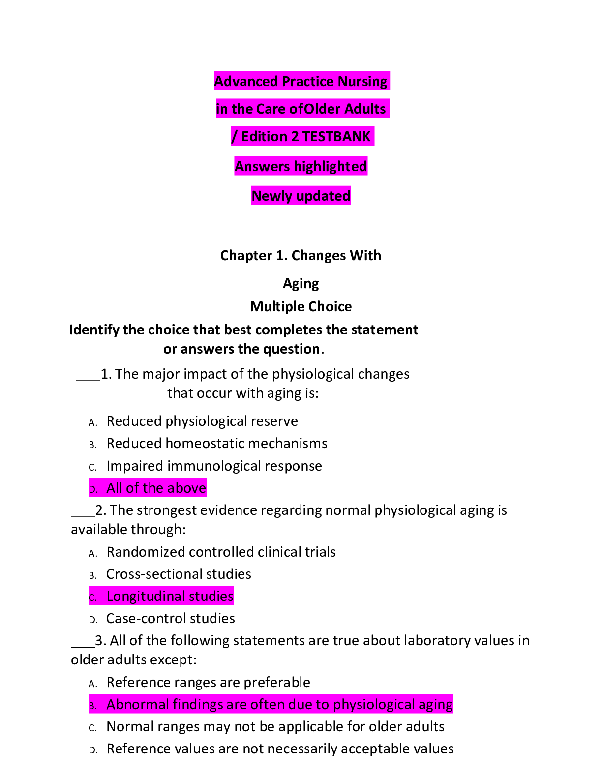 Preview image for TEST BANK FOR ADVANCED PRACTICE NURSING IN THE CARE OF OLDER ADULTS 2ND EDITION BY KENNEDY-MALONE (Newly Updated, Answers highlighted, Easy to Print)